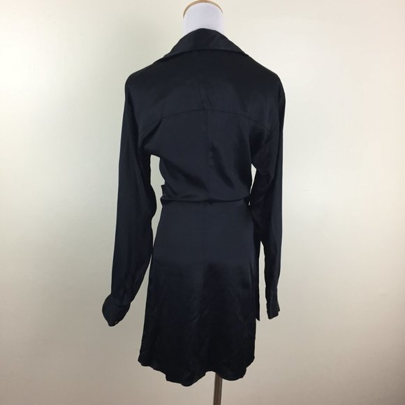 NWT ZARA Long Sleeve Black Satin Button Collared Flap Tie Overlay Front Dress - Picture 13 of 14